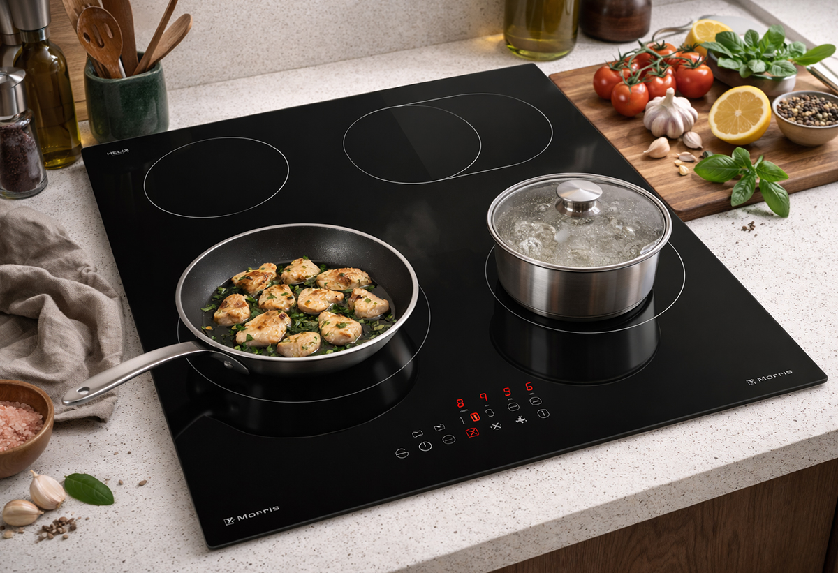 Απεικονίζεται η εστία σε πάγκο κουζίνας με μαγειρικά σκεύη πάνω.